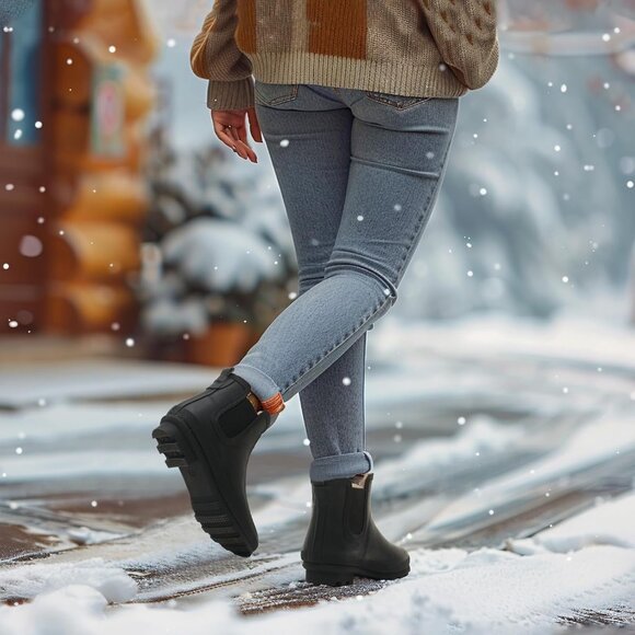 ⚡Women's Black Pull On Plush Rain Ankle Snow Boots Waterproof Chelsea Rubber - Picture 7 of 7